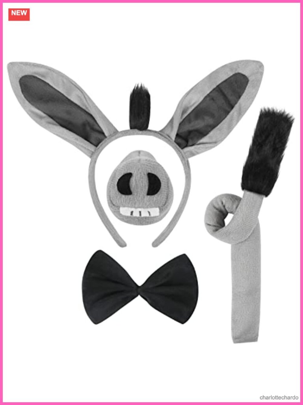 4 Pc Donkey Costume Set Ears Headband Nose Tail Bow Tie Fancy Dress Kit